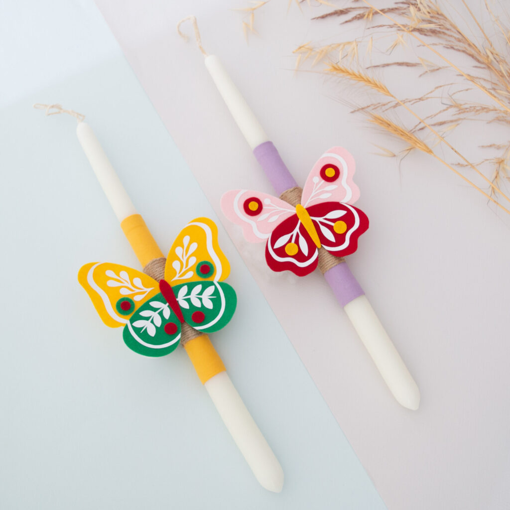 Χειροποίητη πασχαλινή λαμπάδα για κορίτσια με τσόχινη πεταλούδα